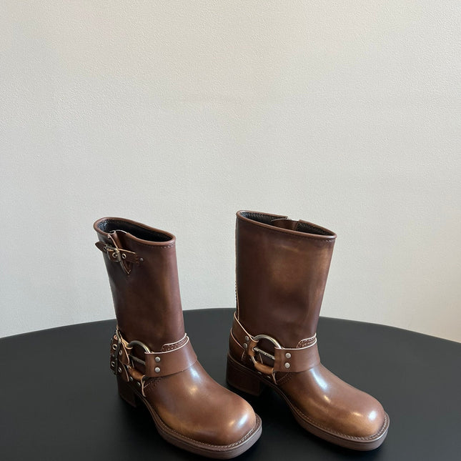 MIUMIU 26S MID-CALF BOOTS IN BROWN CALFSKIN SILVER HARDWARE