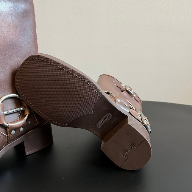MIUMIU 26S MID-CALF BOOTS IN BROWN CALFSKIN SILVER HARDWARE