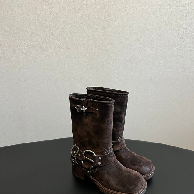 MIUMIU 26S MID-CALF BOOTS IN DARK BROWN SUEDE SILVER HARDWARE