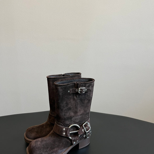 MIUMIU 26S MID-CALF BOOTS IN DARK BROWN SUEDE SILVER HARDWARE