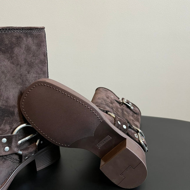 MIUMIU 26S MID-CALF BOOTS IN DARK BROWN SUEDE SILVER HARDWARE