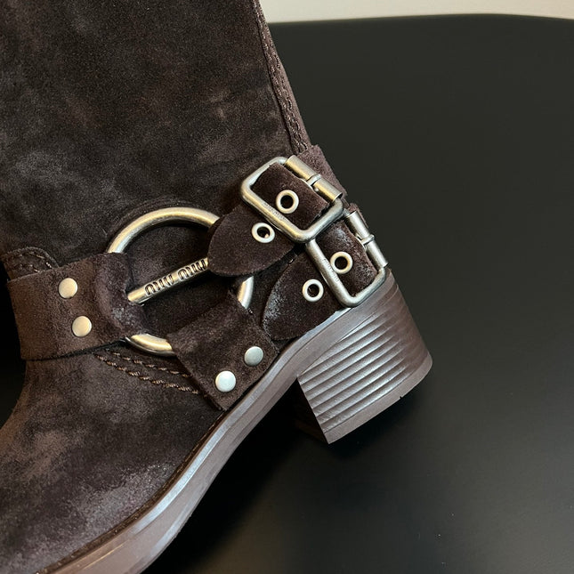 MIUMIU 26S MID-CALF BOOTS IN DARK BROWN SUEDE SILVER HARDWARE