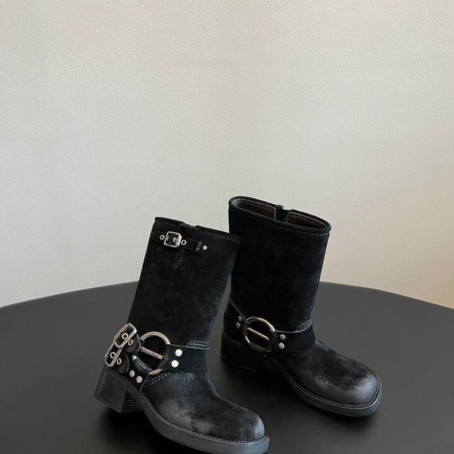 MIUMIU 26S MID-CALF BOOTS IN BLACK SUEDE SILVER HARDWARE
