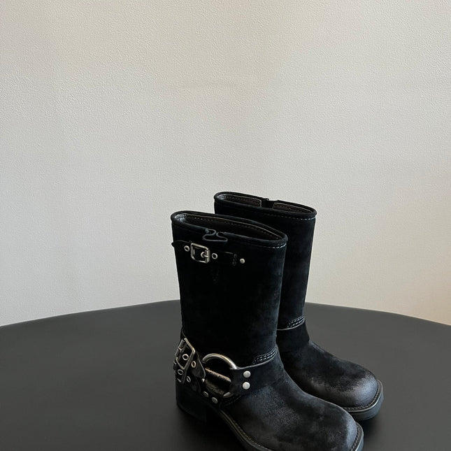 MIUMIU 26S MID-CALF BOOTS IN BLACK SUEDE SILVER HARDWARE