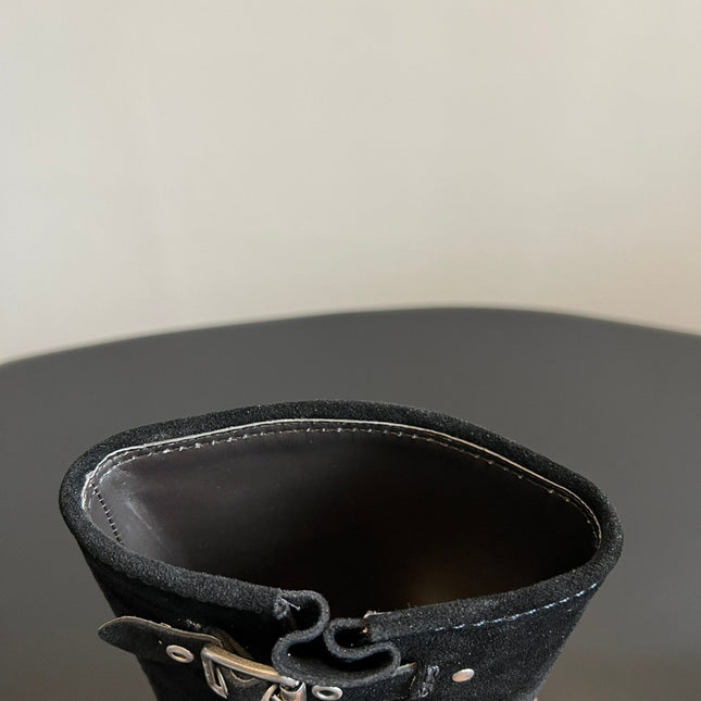 MIUMIU 26S MID-CALF BOOTS IN BLACK SUEDE SILVER HARDWARE