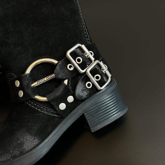 MIUMIU 26S MID-CALF BOOTS IN BLACK SUEDE SILVER HARDWARE