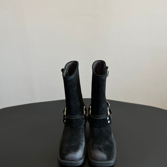 MIUMIU 26S MID-CALF BOOTS IN BLACK SUEDE SILVER HARDWARE