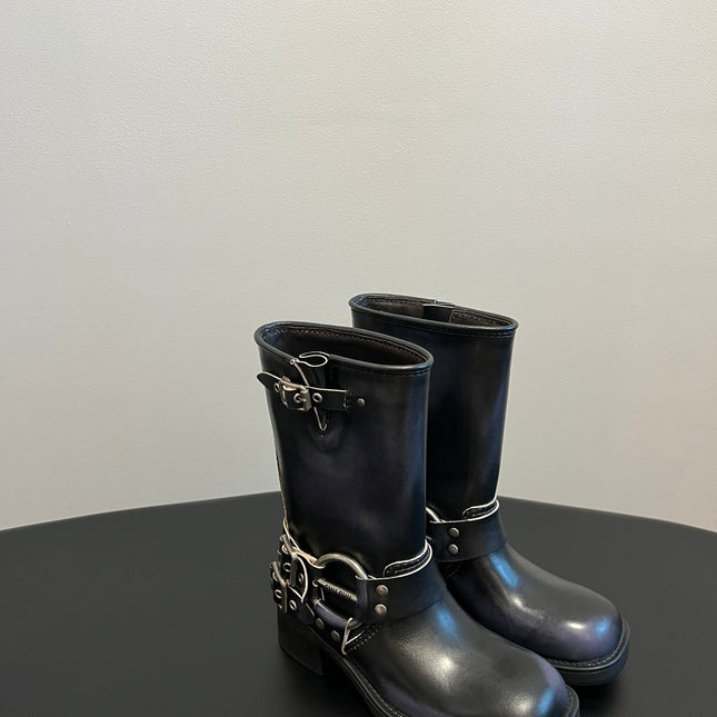 MIUMIU 26S MID-CALF BOOTS IN BLACK CALFSKIN SILVER HARDWARE