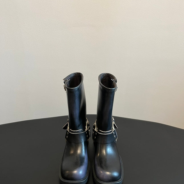 MIUMIU 26S MID-CALF BOOTS IN BLACK CALFSKIN SILVER HARDWARE