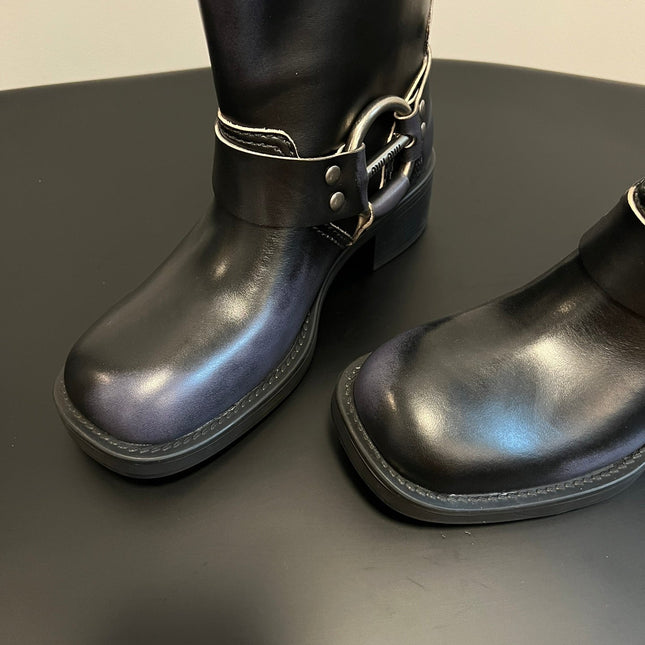 MIUMIU 26S MID-CALF BOOTS IN BLACK CALFSKIN SILVER HARDWARE