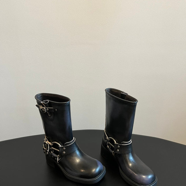 MIUMIU 26S MID-CALF BOOTS IN BLACK CALFSKIN SILVER HARDWARE