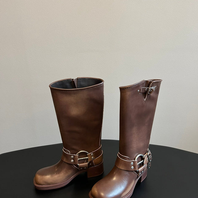 MIUMIU 26S KNEE-HIGH BOOTS IN BROWN CALFSKIN SILVER HARDWARE