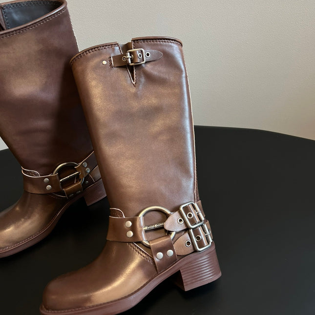 MIUMIU 26S KNEE-HIGH BOOTS IN BROWN CALFSKIN SILVER HARDWARE