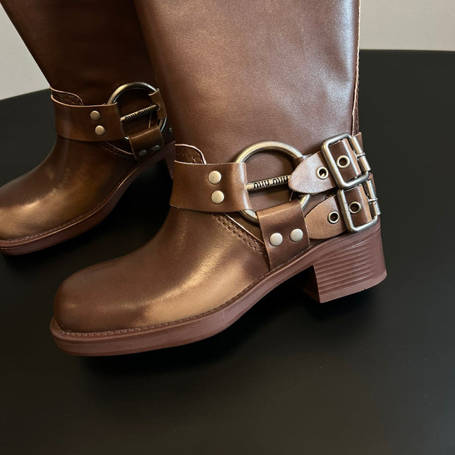 MIUMIU 26S KNEE-HIGH BOOTS IN BROWN CALFSKIN SILVER HARDWARE
