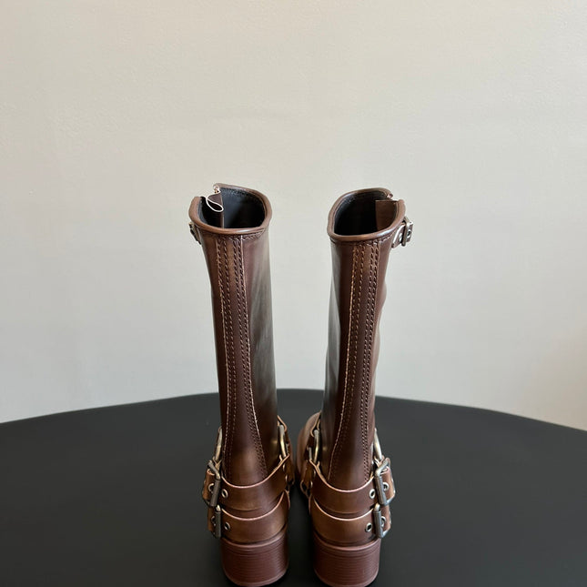 MIUMIU 26S KNEE-HIGH BOOTS IN BROWN CALFSKIN SILVER HARDWARE