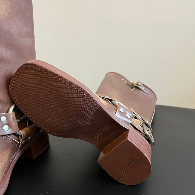 MIUMIU 26S KNEE-HIGH BOOTS IN BROWN CALFSKIN SILVER HARDWARE
