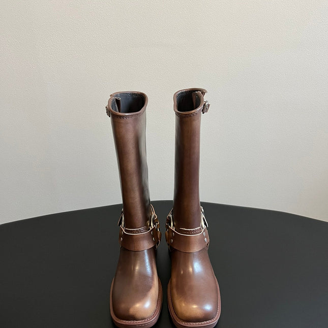 MIUMIU 26S KNEE-HIGH BOOTS IN BROWN CALFSKIN SILVER HARDWARE