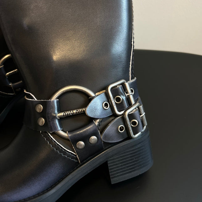 MIUMIU 26S KNEE-HIGH BOOTS IN BLACK CALFSKIN SILVER HARDWARE