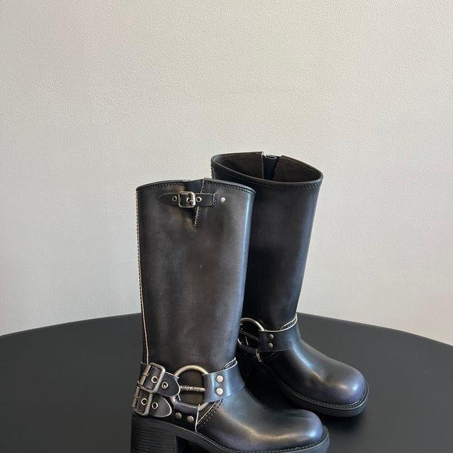 MIUMIU 26S KNEE-HIGH BOOTS IN BLACK CALFSKIN SILVER HARDWARE