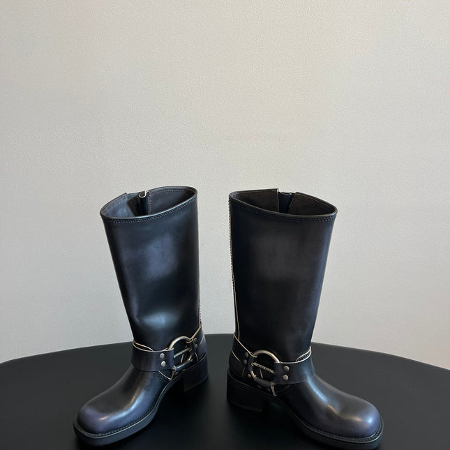 MIUMIU 26S KNEE-HIGH BOOTS IN BLACK CALFSKIN SILVER HARDWARE