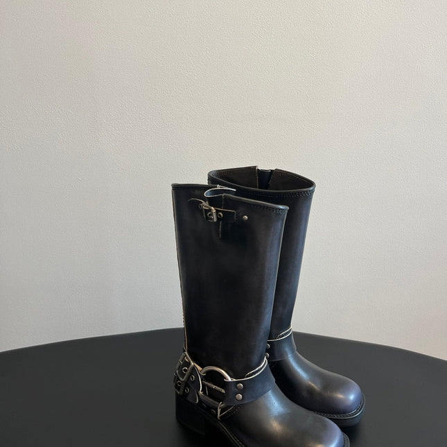 MIUMIU 26S KNEE-HIGH BOOTS IN BLACK CALFSKIN SILVER HARDWARE