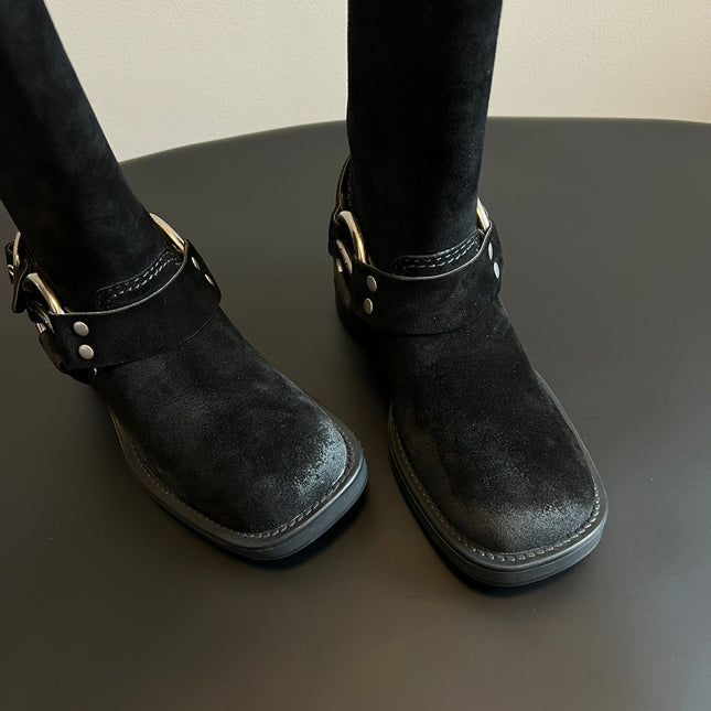 MIUMIU 26S KNEE-HIGH BOOTS IN BLACK SUEDE SILVER HARDWARE