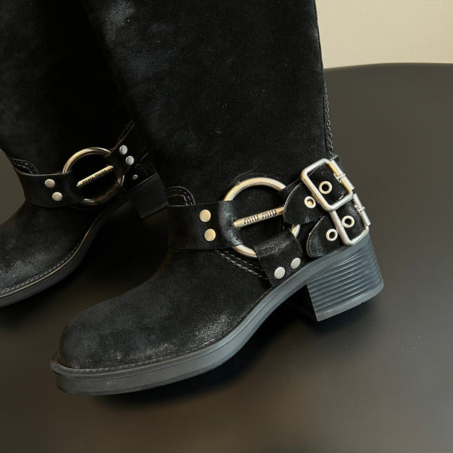 MIUMIU 26S KNEE-HIGH BOOTS IN BLACK SUEDE SILVER HARDWARE