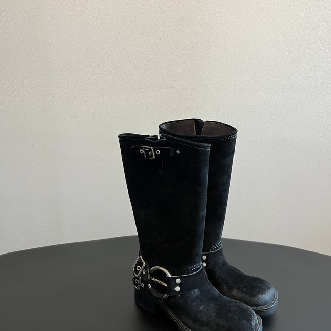 MIUMIU 26S KNEE-HIGH BOOTS IN BLACK SUEDE SILVER HARDWARE