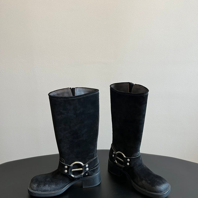 MIUMIU 26S KNEE-HIGH BOOTS IN BLACK SUEDE SILVER HARDWARE