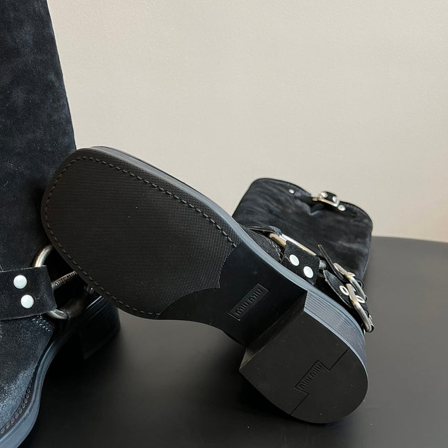 MIUMIU 26S KNEE-HIGH BOOTS IN BLACK SUEDE SILVER HARDWARE