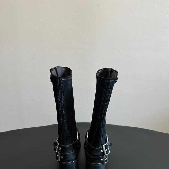 MIUMIU 26S KNEE-HIGH BOOTS IN BLACK SUEDE SILVER HARDWARE
