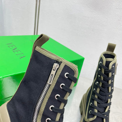 RIBBON BOMBER LACE-UP BOOTS IN BLACK MIX OLIVE GREEN CANVAS