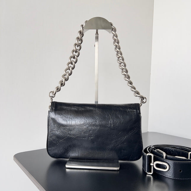 BB SOFT FLAP BAG 25 IN BLACK PEACH CALFSKIN SILVER HARDWARE