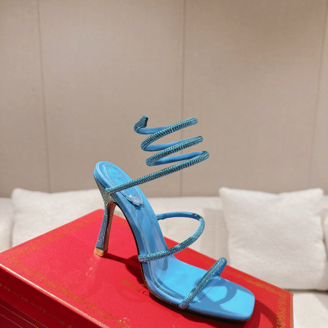 RENE CAOVILLA 26S SQUARE TOE ANKLE STRAP SANDALS 95 MM IN SKY BLUE LAMBSKIN