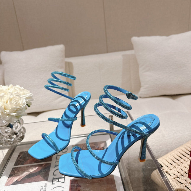 RENE CAOVILLA 26S SQUARE TOE ANKLE STRAP SANDALS 95 MM IN SKY BLUE LAMBSKIN