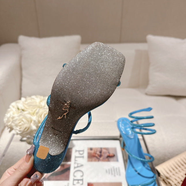 RENE CAOVILLA 26S SQUARE TOE ANKLE STRAP SANDALS 95 MM IN SKY BLUE LAMBSKIN