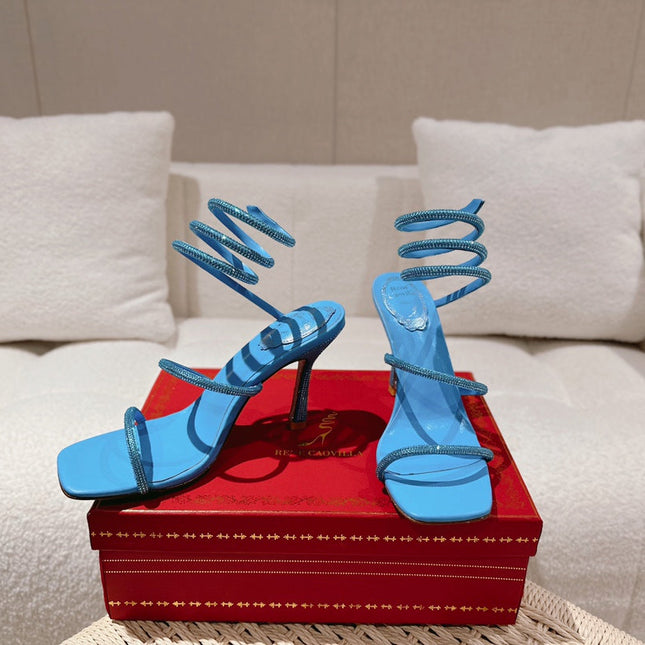 RENE CAOVILLA 26S SQUARE TOE ANKLE STRAP SANDALS 95 MM IN SKY BLUE LAMBSKIN