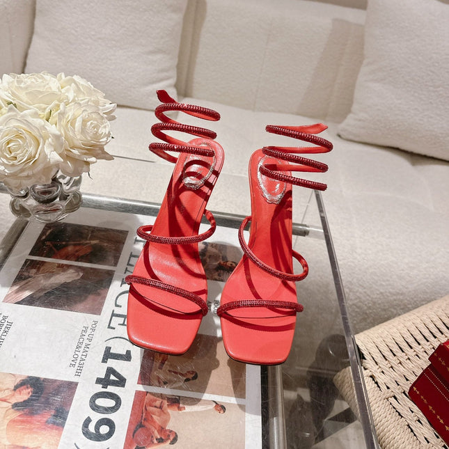 RENE CAOVILLA 26S SQUARE TOE ANKLE STRAP SANDALS 95 MM IN RED LAMBSKIN