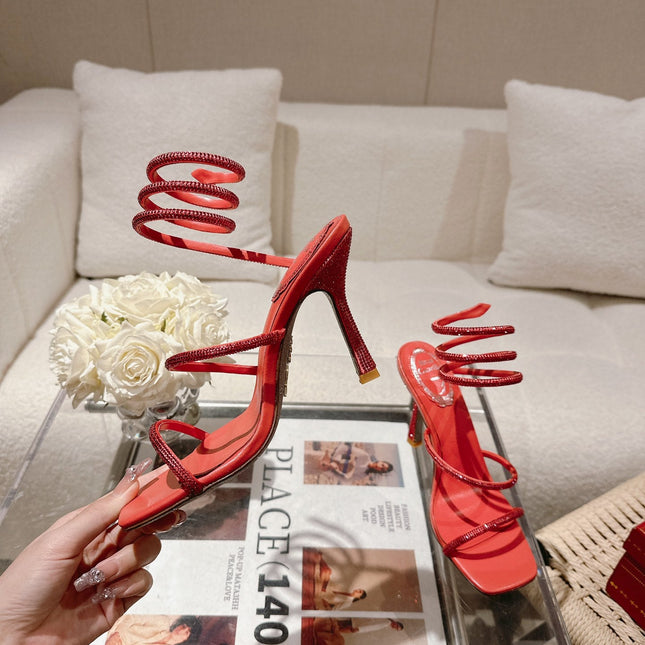 RENE CAOVILLA 26S SQUARE TOE ANKLE STRAP SANDALS 95 MM IN RED LAMBSKIN