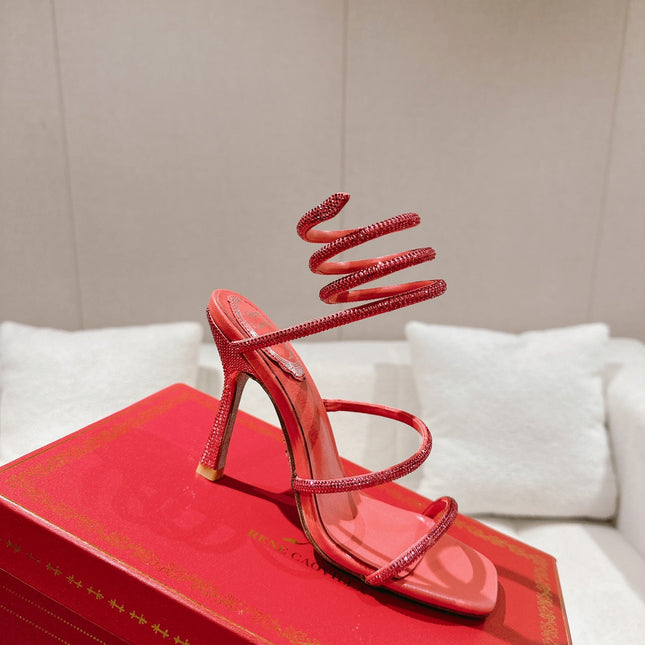 RENE CAOVILLA 26S SQUARE TOE ANKLE STRAP SANDALS 95 MM IN RED LAMBSKIN