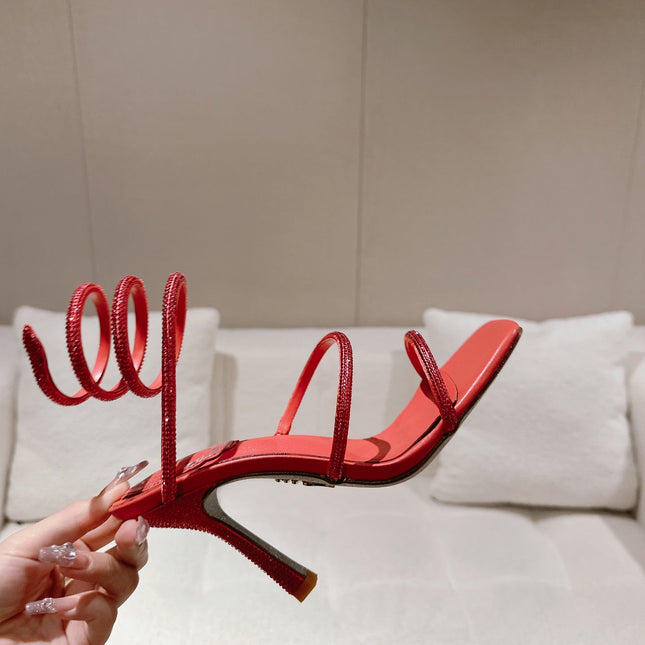 RENE CAOVILLA 26S SQUARE TOE ANKLE STRAP SANDALS 95 MM IN RED LAMBSKIN