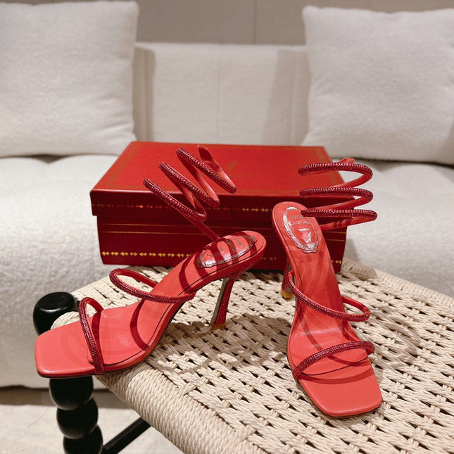 RENE CAOVILLA 26S SQUARE TOE ANKLE STRAP SANDALS 95 MM IN RED LAMBSKIN