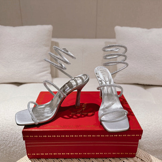 RENE CAOVILLA 26S SQUARE TOE ANKLE STRAP SANDALS 95 MM IN SILVER LAMBSKIN