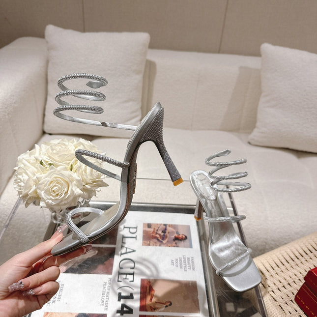 RENE CAOVILLA 26S SQUARE TOE ANKLE STRAP SANDALS 95 MM IN SILVER LAMBSKIN