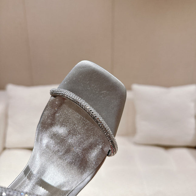 RENE CAOVILLA 26S SQUARE TOE ANKLE STRAP SANDALS 95 MM IN SILVER LAMBSKIN