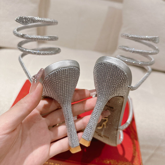 RENE CAOVILLA 26S SQUARE TOE ANKLE STRAP SANDALS 95 MM IN SILVER LAMBSKIN