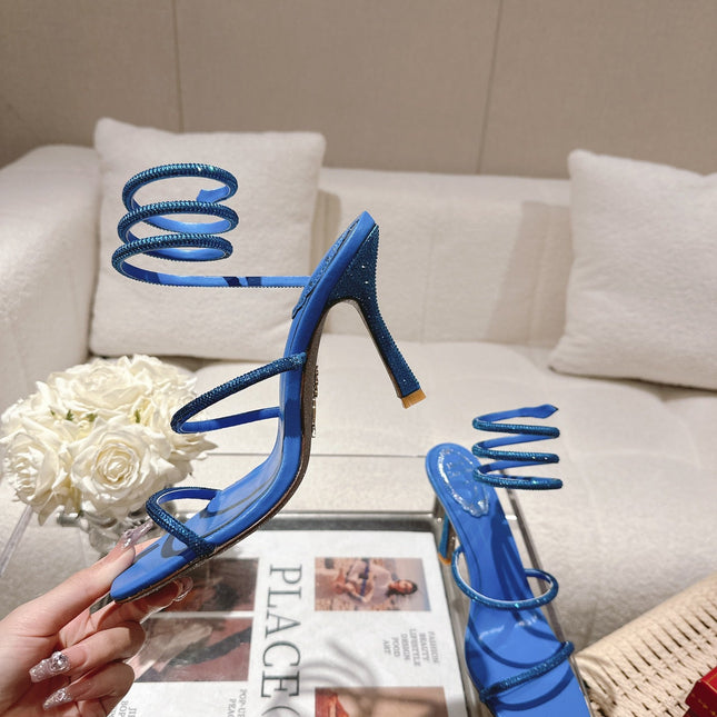 RENE CAOVILLA 26S SQUARE TOE ANKLE STRAP SANDALS 95 MM IN BLUE LAMBSKIN