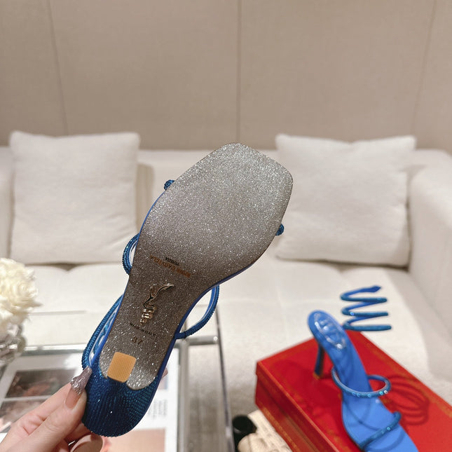 RENE CAOVILLA 26S SQUARE TOE ANKLE STRAP SANDALS 95 MM IN BLUE LAMBSKIN