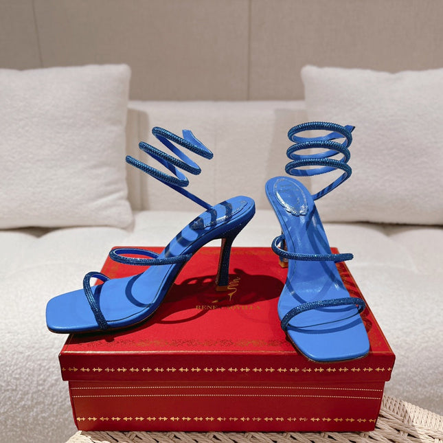 RENE CAOVILLA 26S SQUARE TOE ANKLE STRAP SANDALS 95 MM IN BLUE LAMBSKIN