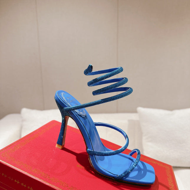 RENE CAOVILLA 26S SQUARE TOE ANKLE STRAP SANDALS 95 MM IN BLUE LAMBSKIN